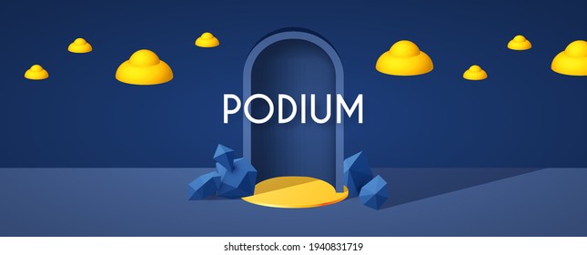3D realistic circle podium with showcase and geometric elemens. Empty stage. Showcase design.