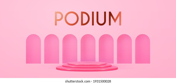 3D realistic circle podium with wall and semicircular arches. Empty stage. Showcase design. Product display