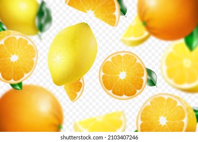 3D realistic citrus background with flying oranges and lemons, with blur effect. Falling lemon and orange fruits are whole and cut in half, isolated on a transparent background ,vector illustration