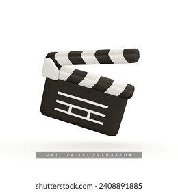 3d realistic Clapperboard. Movie clapper board in plastic cartoon style. Vector illustration.