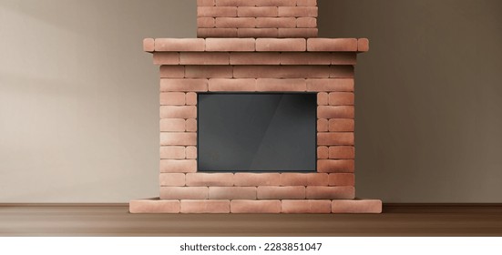 3d realistic classic brick fireplace in house living room vector background. Empty home hall with wooden brown floor fireside. Elegant flat place template with sunlight and chimney mockup.