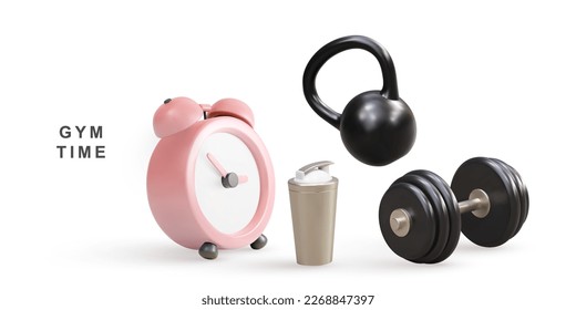 3d realistic clock, shacer, kettlebell and dumbbell - gym time concept. Vector illustration.