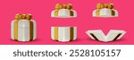 3d realistic closed, open and unwrapped white gift box with gold ribbon. Cartoon birthday, holiday or celebration present. Vector illustration.