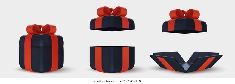3d realistic closed, open and unwrapped black gift box with red ribbon. Cartoon birthday, holiday or celebration present. Vector illustration.