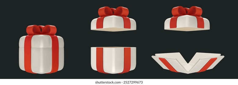 3d realistic closed, open and unwrapped white gift box with red ribbon. Cartoon birthday, holiday or celebration present. Vector illustration.