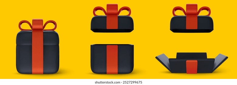 3d realistic closed, open and unwrapped black gift box with red ribbon. Cartoon birthday, holiday or celebration present. Vector illustration.