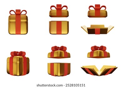 Caja de regalo de oro 3D realista cerrada, abierta y sin envolver con cinta roja. Regalo de cumpleaños, fiesta o celebración de dibujos animados. Ilustración vectorial.