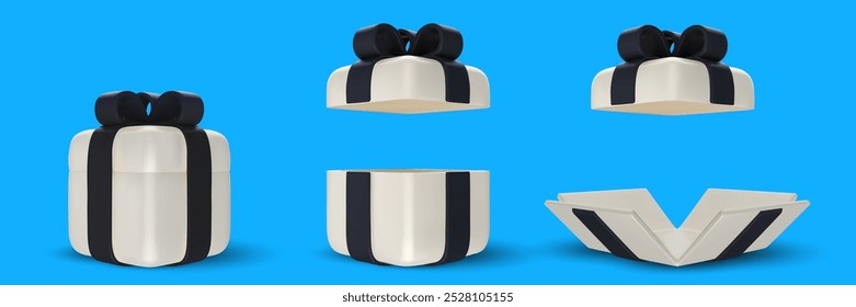 3d realistic closed, open and unwrapped white gift box with black ribbon. Cartoon birthday, holiday or celebration present. Vector illustration.