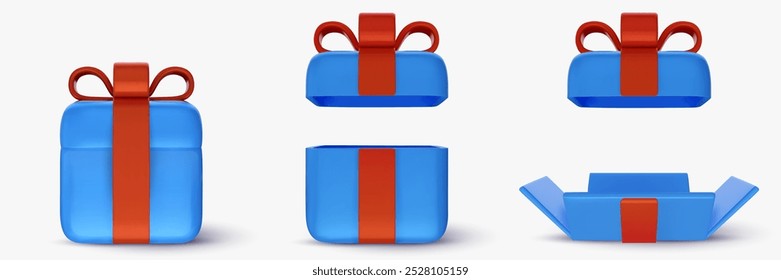 3d realistic closed, open and unwrapped blue gift box with red ribbon. Cartoon birthday, holiday or celebration present. Vector illustration.