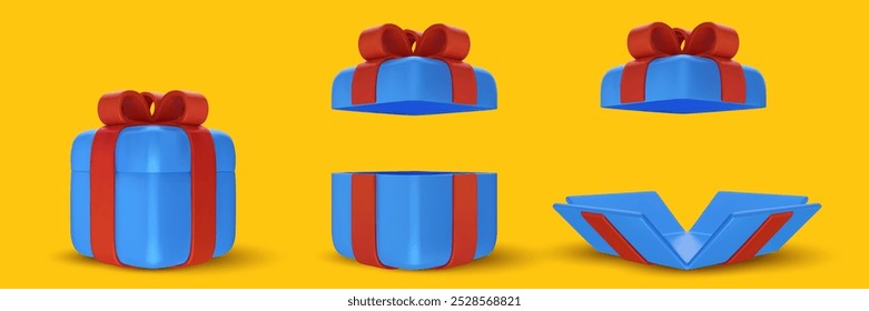 3d realistic closed, open and unwrapped blue gift box with red ribbon. Cartoon birthday, holiday or celebration present. Vector illustration.
