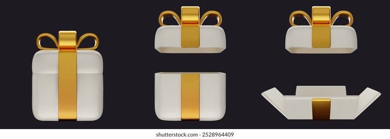 3d realistic closed, open and unwrapped white gift box with golden ribbon. Cartoon birthday, holiday or celebration present. Vector illustration.
