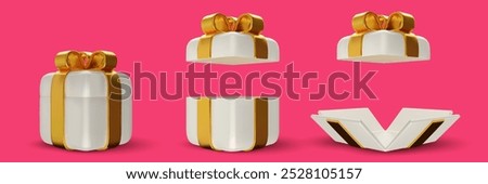 3d realistic closed, open and unwrapped white gift box with gold ribbon. Cartoon birthday, holiday or celebration present. Vector illustration.