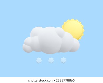 3d realistische Wolke und Sonne mit Schneeflocken im Cartoon-Stil einzeln auf blauem Hintergrund. Wettervorhersage Symbol. Vektorgrafik