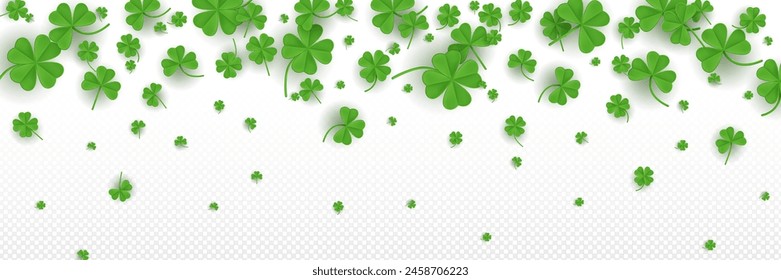 3d realistic clover background with four leaf. Lucky St Patrick day green shamrock border vector illustration. Grass frame header banner with trefoil ireland cloverleaf seasonal spring decoration.