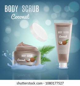 3d Realistic Coconut Body Scrub Cosmetic Package. Vector Mockup Illustration With Splash. Jar Container Of Luxury Skin Cream With Brand Bottle.