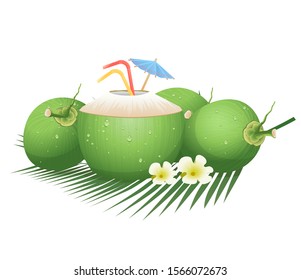 3d realistic Coconut Fruit, fresh Coconut Drink. Summer, beach