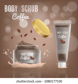 3d Realistic Coffee Body Scrub Cosmetic Package. Vector Mockup Illustration with Splash. Jar Container of Luxury Skin Cream with Brand Bottle.