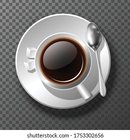 3d realistic coffee cup from top view. Good morning motivational banner. On transparent background.