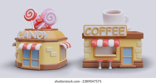 3d realistic coffee for good mood and store selling candy. Store with tasty drinks and sweets. Vector illustration with place for text in 3d style on gray background