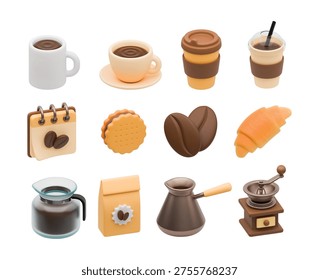3D realistic coffee icon. Vector espresso cup, cappuccino mug, beans, gringer, cookie and croissant, turk and flask for making coffee. Coffee shop, preparing drink concept. Take away plastic cup