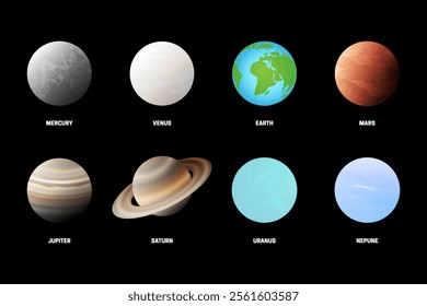 3D Realistic Collection of Every Planet in the Solar System. Illustration Set with Planets Name.