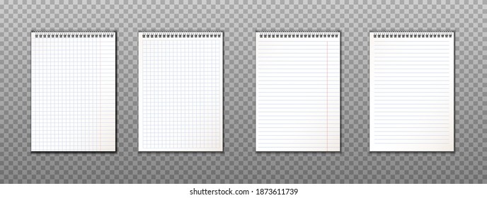 3d realistic collection of paper notes with spiral. Isolated on transparent background.