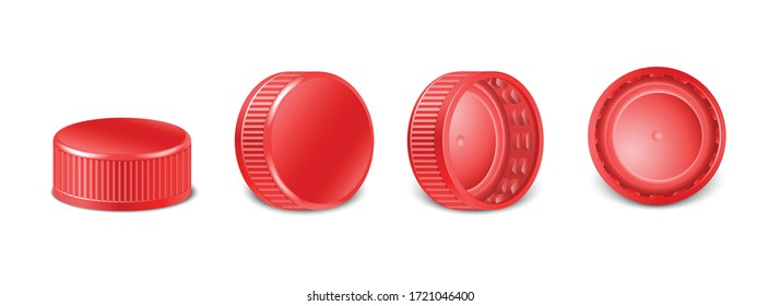3d realistic collection of red plastic bottle caps in side, top and bottom view.  Mockup with pet screw lids for water, beer, cider of soda. Isolated icon illustration.  svg