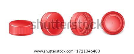 3d realistic collection of red plastic bottle caps in side, top and bottom view.  Mockup with pet screw lids for water, beer, cider of soda. Isolated icon illustration. 