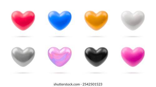 3d realistic color heart. Happy Valentine's Day element for letter, invitation, love banner. Love icons in different colors. Greeting card design elements. Vector illustration on white background