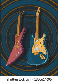 3d guitarras eléctricas de color realista. 3d modelo vectorial de ilustración de guitarras. Pancarta,afiche, imagen de estilo vintage