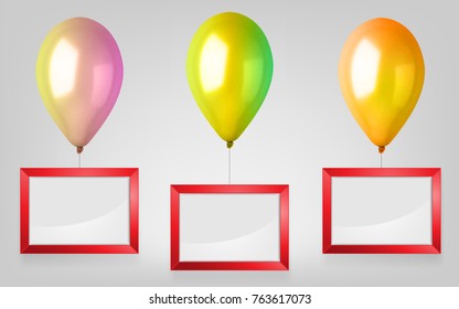 3d Realistic Colorful Balloon Set. Holiday illustration of flying glossy balloon with red photo frame.