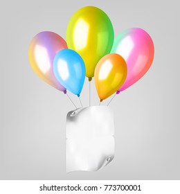 3d Realistic Colorful Balloon Set. Holiday illustration of flying glossy balloon with paper sheet.