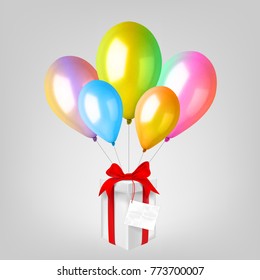 3d Realistic Colorful Balloon Set. Holiday illustration of flying glossy balloon with gift box.