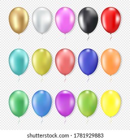 3d realistic colorful balloons set. Blue, red, yellow, black, gold, pink, green. Isolated on white background. Vector illustration