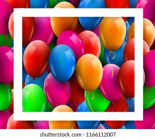 3d Realistic Colorful Bunch of Birthday Balloons Flying for Party and Celebrations with white frame. Vector Illustration