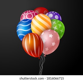 3d Realistic Colorful Bunch of Birthday Balloons Flying for Party and Celebrations With Space for Message Isolated in black Background. Vector Illustration 