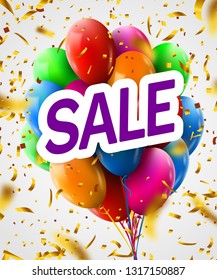 3d Realistic Colorful Bunch of Flying Balloons with confetti . Final sale poster or flyer design. Vector Illustration