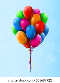 3d Realistic Colorful Bunch of Flying in sky Birthday Balloons. Party and Celebration concept. Vector Illustration.