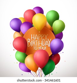 3d Realistic Colorful Bunch of Happy Birthday Balloons Flying for Party and Celebrations With Text in Circle Isolated in White Background. Vector Illustration
