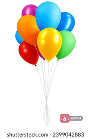 3d realistic colorful bunch holiday balloons. Rainbow colors, matte and glossy. Multicolored fun inflatable balloons flying in the air, decoration for birthday, other events. Vector illustration