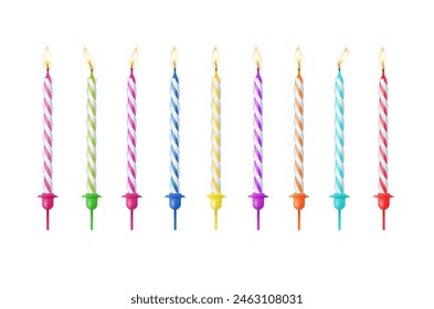 3d realistic colorful candles for birthday cake. Holiday candles with burning flames candlelight on wicks, celebration objects. Vector