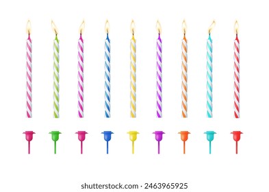 3d realistic colorful candles for birthday cake. Holiday candles with burning flames candlelight on wicks, celebration objects. Vector