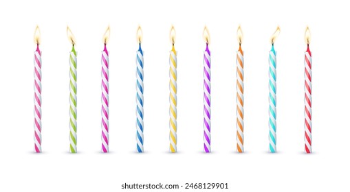 3d realistic colorful candles for birthday cake. Holiday candles with burning flames candlelight on wicks, celebration objects. Vector