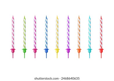 3d realistic colorful candles for birthday cake. Holiday candles with burning flames candlelight on wicks, celebration objects. Vector