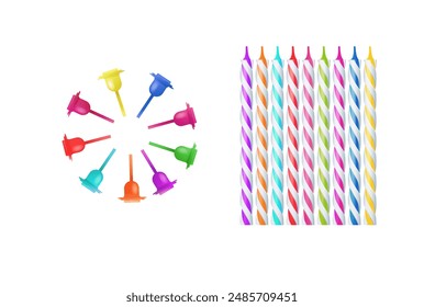 Velas coloridas realistas 3d para pastel de cumpleaños. Velas de Festiva con llamas ardientes velas en mechas, objetos de celebración. Vector