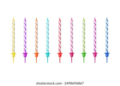 3d realistic colorful candles for birthday cake. Holiday candles with burning flames candlelight on wicks, celebration objects. Vector