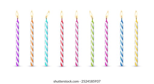 3d realistic colorful candles for birthday cake. Holiday candles with burning flames candlelight on wicks, celebration objects. Vector