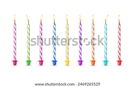 3d realistic colorful candles for birthday cake. Holiday candles with burning flames candlelight on wicks, celebration objects. Vector