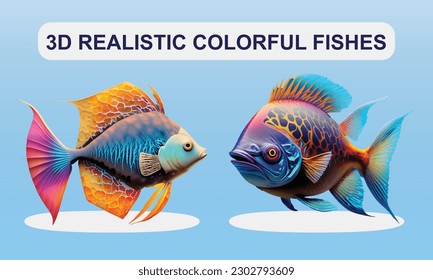 3D Realistic Colorful Fishes Vector Illustration.