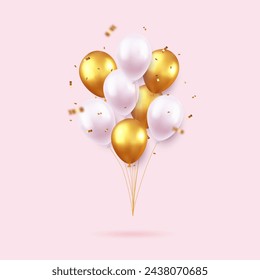 Globos de cumpleaños felices coloridos realistas 3d con confeti dorado que vuelan para la fiesta y las celebraciones. para la tarjeta, la fiesta, el volante, el póster, la decoración, el banner, la web, la publicidad. renderizado 3d. Ilustración de vector